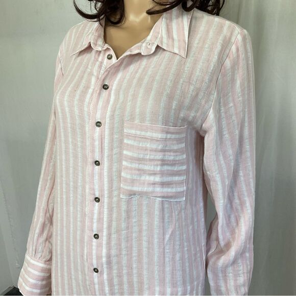 NEW Plush Apparel Pink White Striped Cotton & Linen Pajamas Sleep Romper Small - Picture 6 of 11
